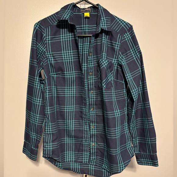 Eddie Bauer Navy and Teal Plaid Long Sleeve Button Up Blouse Women’s XS EUC - Picture 1 of 5